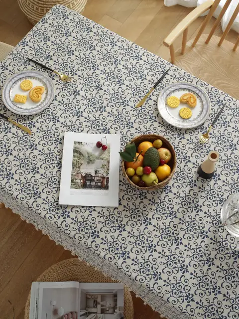 Mantel estampado de lino y algodón bohemio, mantel chino de porcelana azul y blanca para mesa occidental, picnic, fiesta