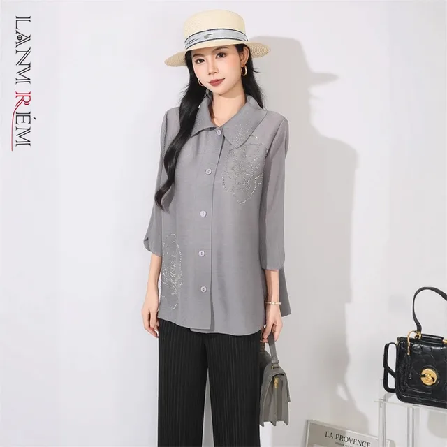 LANMREM Grey Versatile Elastic Loose Pleated Women's Shirt Casual Versatile Turn-Down Collar Heat-melting Rhinestone Top 2DB4507