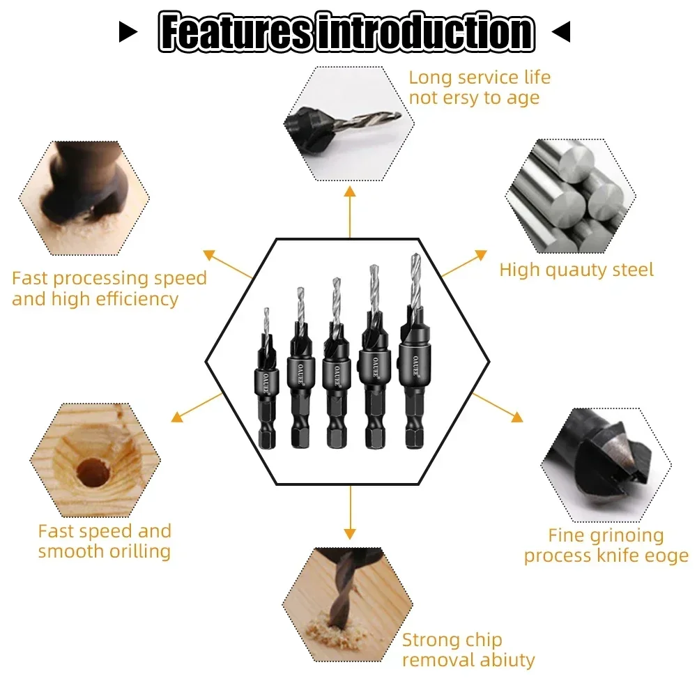 4/5PCS Conical Drill Bit Countersink Drill Woodworking Drilling Pilot Holes HSS Universal Counterbore Cutter Screw Hole