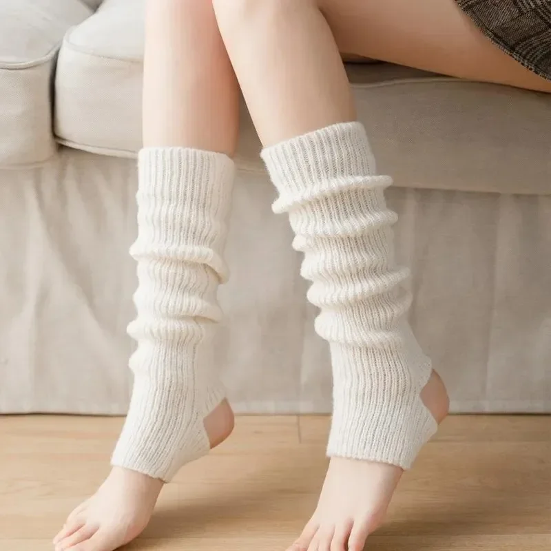 Women Leg warmers Japanese Lolita Y2k Solid Color Hollowed Out Foot Heel Warm Knitted Knee High Socks Legging Gaiters Cover