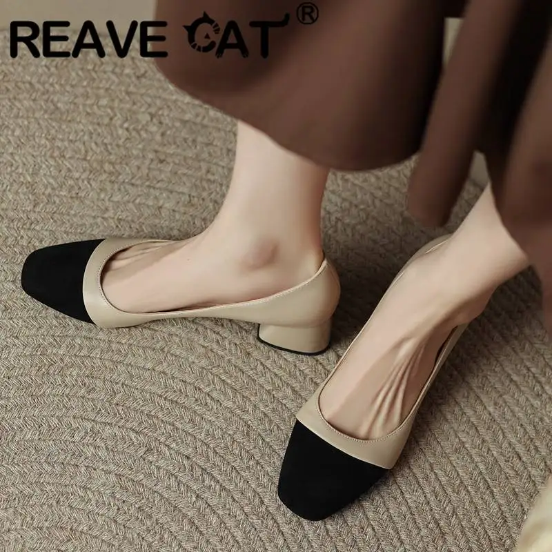 

REAVE CAT Female Pumps Square Toe Chunky Heel 5.5cm Slip On Flock Splice Office Lady Shoes Big Size 41 42 43 Concise Daily Mixed