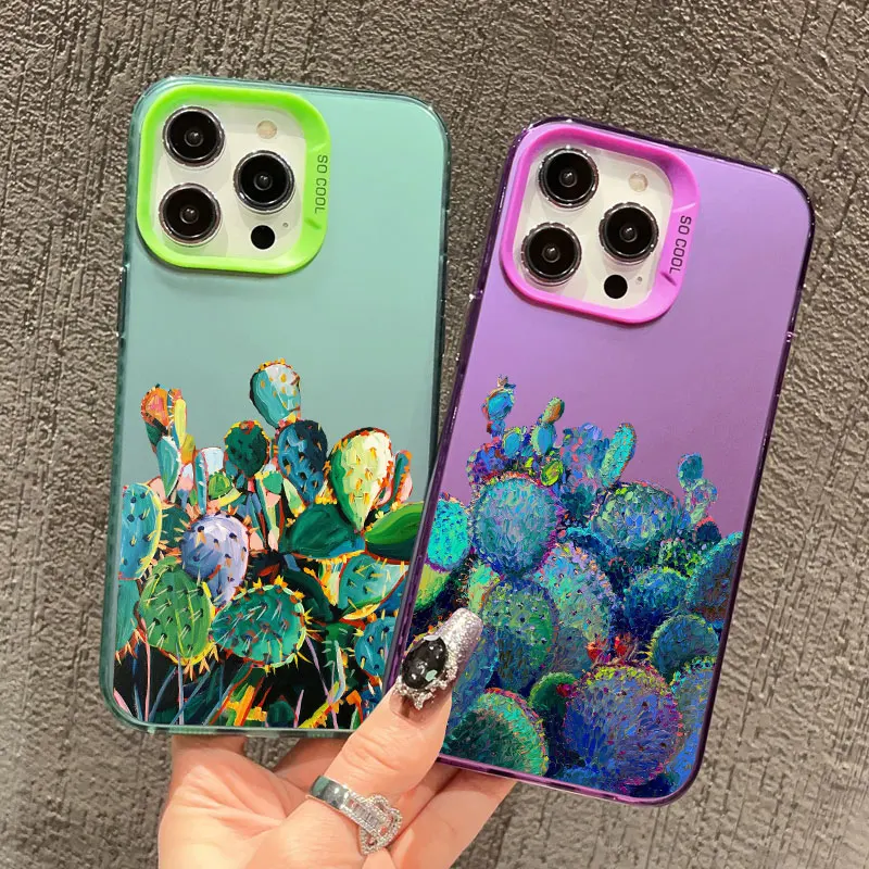 Niedliche Kaktus-Ölgemälde-Muster Handyhülle für iPhone 17 16 12 11 Pro Max 15 14 13 Pro Max Mini 15 Plus Stoßfeste Laser-Schutzhüllen – Detail 8