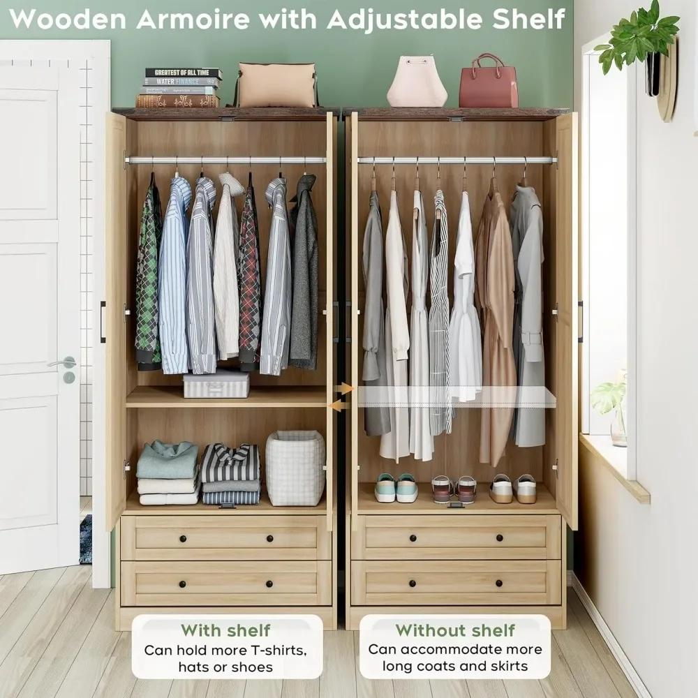 71" Wooden Armoire Wardrobe Closet with Adjustable Shelf and Hanging Rail, Freestanding Closet Wardrobe with 2 Wide Drawers 3