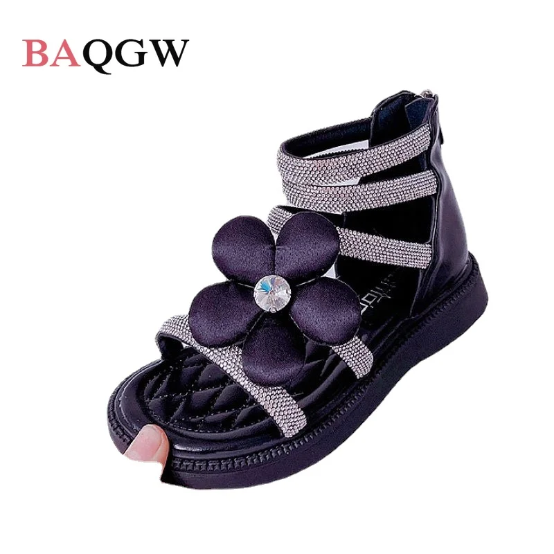 

Сандалии-гладиаторы для девочек, модные босоножки принцессы с высоким верхом, обувь в римском стиле, с цветами, стразами, на мягкой подошве, для начинающих ходить детей, лето