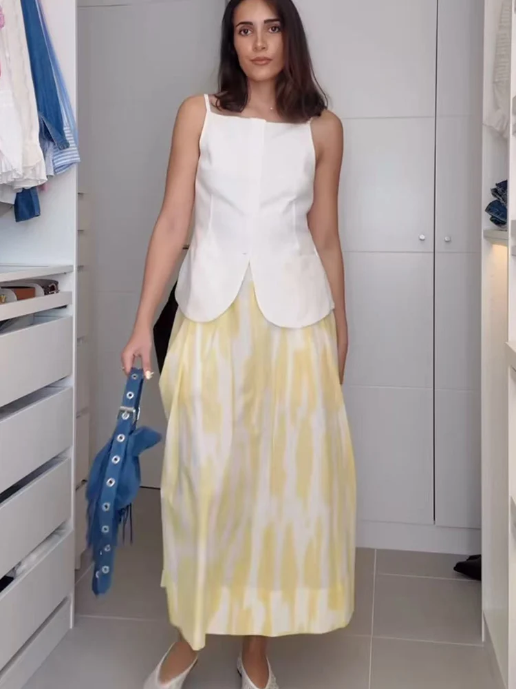 TFMLN 2025 Women Elegant Geometric Print Skirt Summer A-line Fashion Holiday Style Midi Skirts Casual Chic Side Zipper