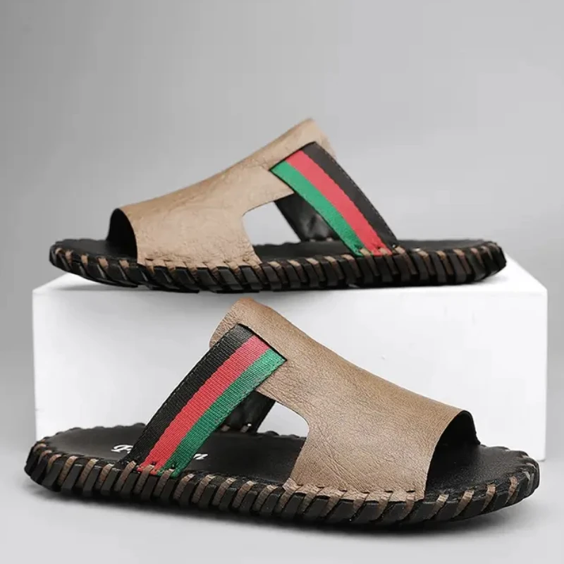 

Летние модные мужские тапочки из натуральной кожи, повседневные Роскошные шлепанцы для мальчиков, пляжная обувь, большие размеры 38-48