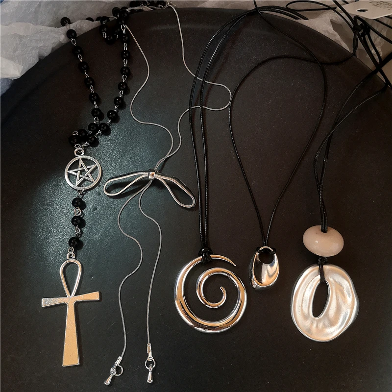 Geometrische Unregelmäßige Metall Vortex Kreuz Anhänger Lange Seil Kette Perlen Halskette Für Männer Frauen Pullover Kette Schmuck Zubehör
