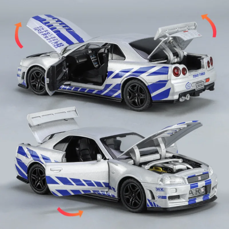 1:32 NISSAN Skyline Ares GTR R34 Alloy Sport Car Model Diecast & Toy Racing Vehicles Car Model Simulation Sound Light Kids Gifts 5