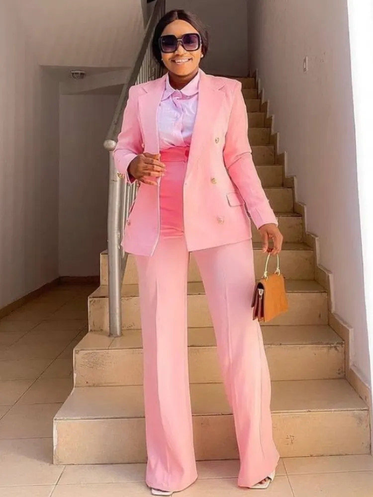 Business Women Blazer Sets 2 Piece Outfits Pink Jacket Wide Leg