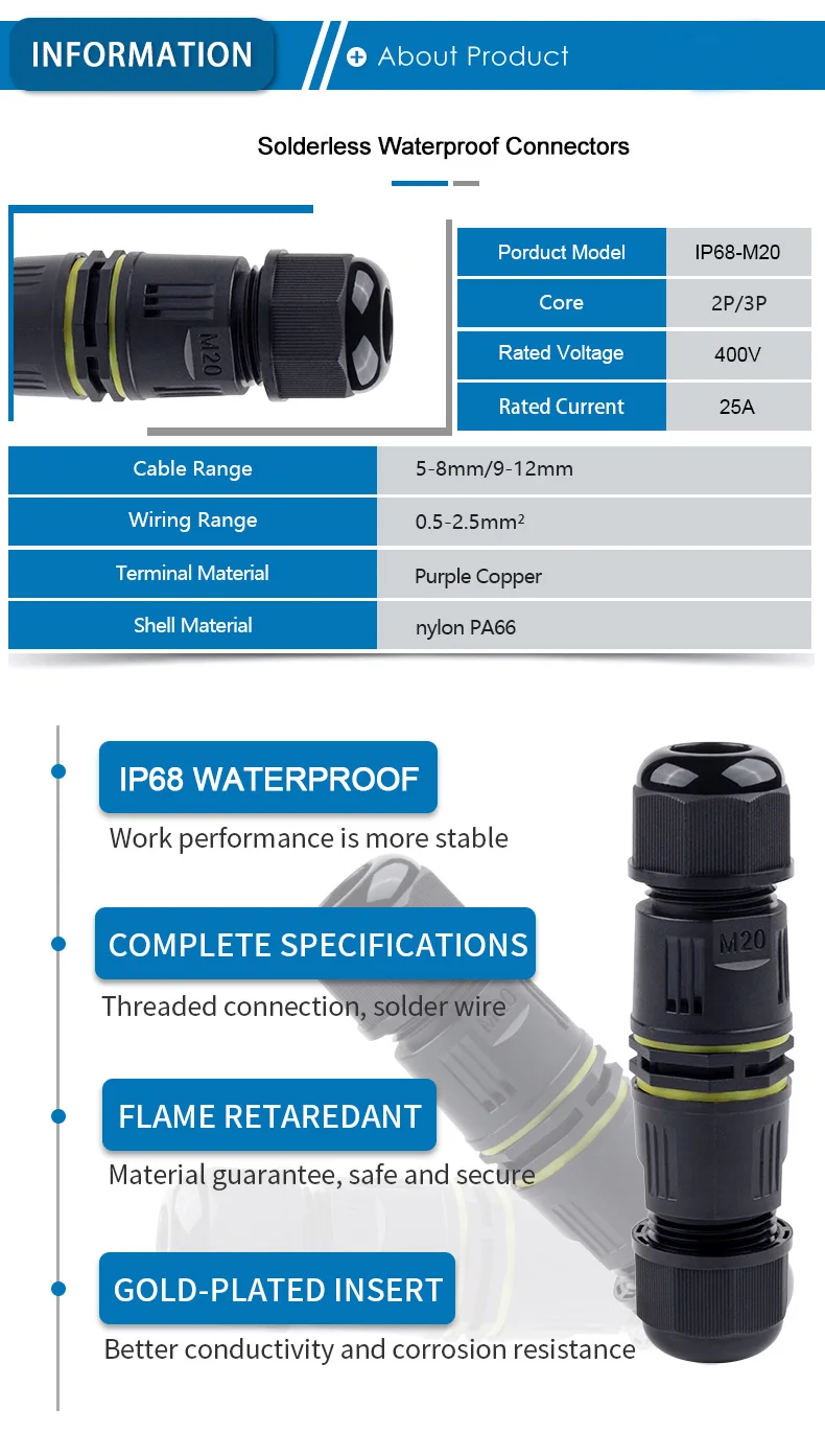 Description Picture 3 of itemIP68 M20 Waterproof Connector Quick Wiring Terminal 2/3 Pin Screw Connectors Outdoor LED Light Electric Cable Wire Junction Box