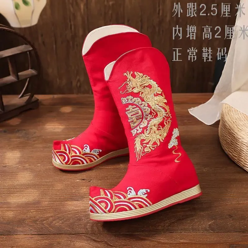 

Hanfu Red Embroidered Boots Shoes Men&Women Cosplay Heighten Chinese Hanfu Soap Boots Shoes For Men Women Plus Size 39--44#