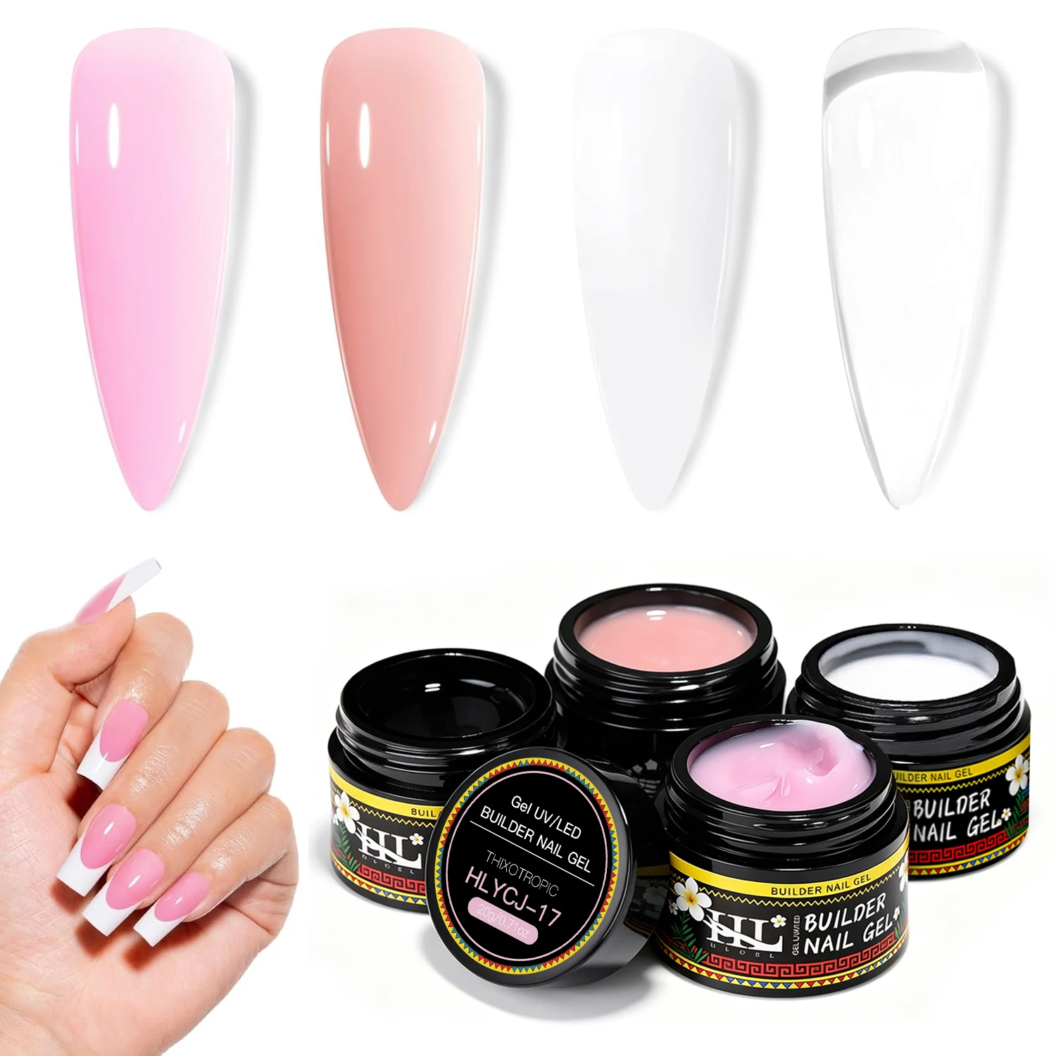 Nail Art Gel Kit - Versatile 7-in-1 Hard Nail Extension & Polygel Set, 4 Vibrant Colors, 15ml Each for Shaping and Thickening