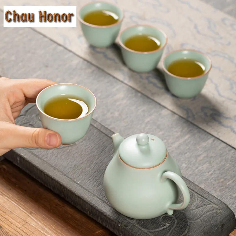Handmade Ru Kiln Porcelain Pear Shape Tea Set Complete Set Creative Tea Ceremony Set Teapot and Tea Cup Set Tableware Decoration