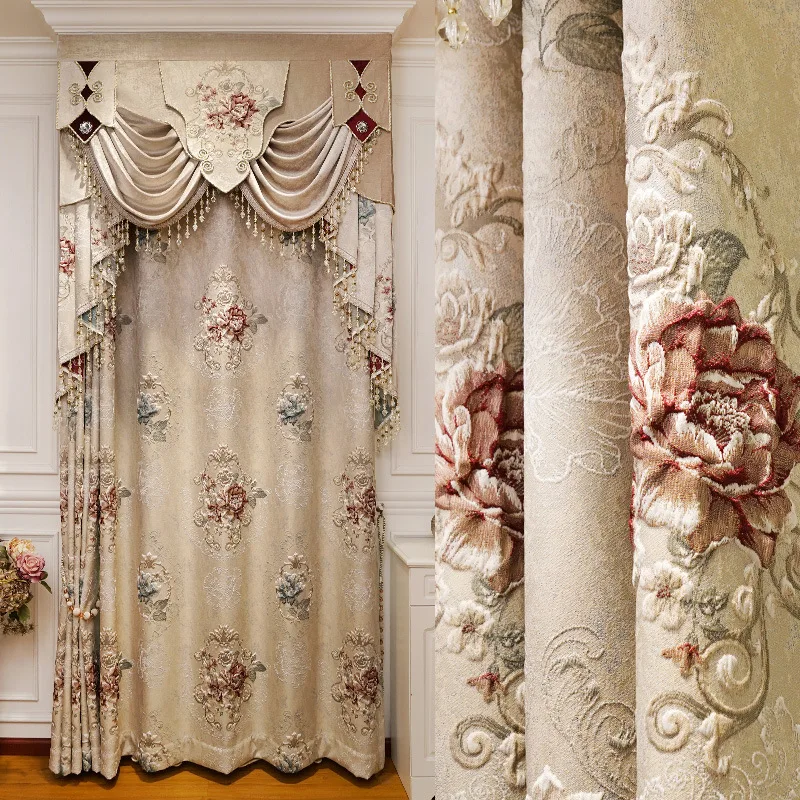 

New Embossed Luxury Curtains for Living Dining Room Bedroom European Flower High-end Textured Noble Valance Tulle Custom