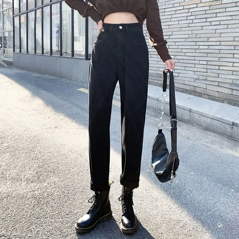 하이웨이스트 와이드 레그 진 여성용 봄 가을 한국 스타일 루즈핏 하란 팬츠 심..
