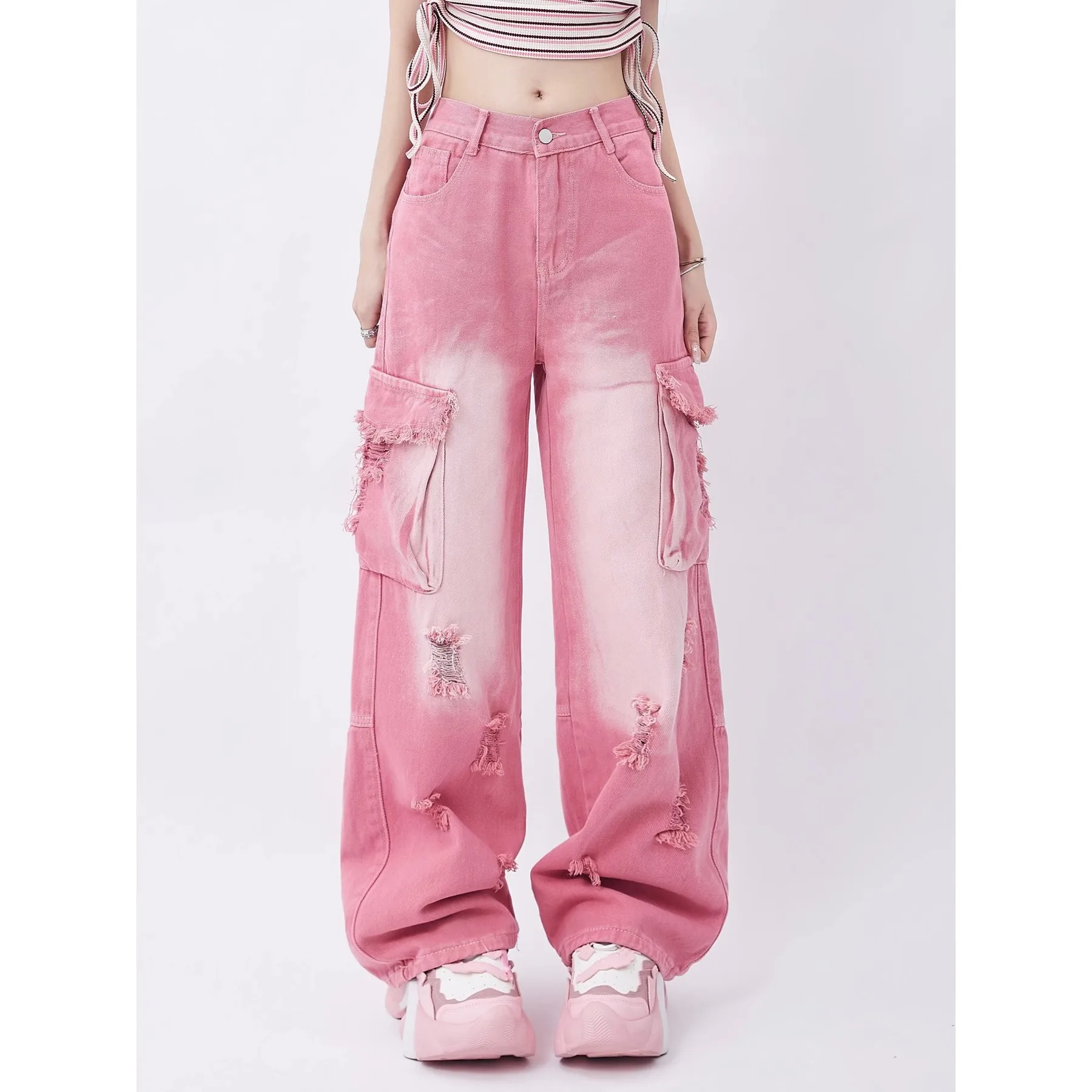 

Y2K Pockets Cargo Pants for Women Straight Pants Harajuku Vintage Aesthetic High Waist Trousers Wide Leg Baggy Jeans