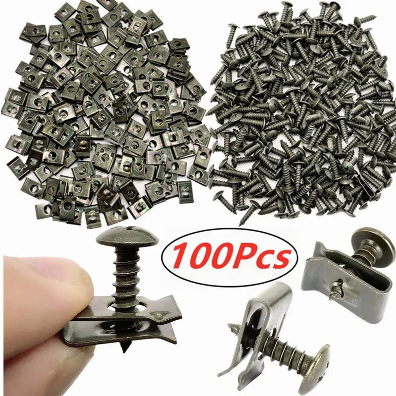 Metal Fastener Clips 100pcs Metal Self Tapping Fasteners for Auto Ushaped Clip Screws Motorcycle Anti Rust Protection Clip Screws Iron Plates