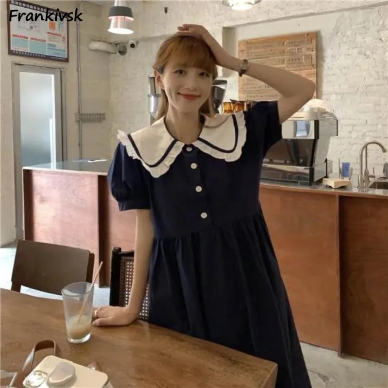 

Kawaii Dresses for Women Button Peter Pan Collar Summer Patchwork Japanese Style Loose Preppy All-match Basic Sweet Girlish New