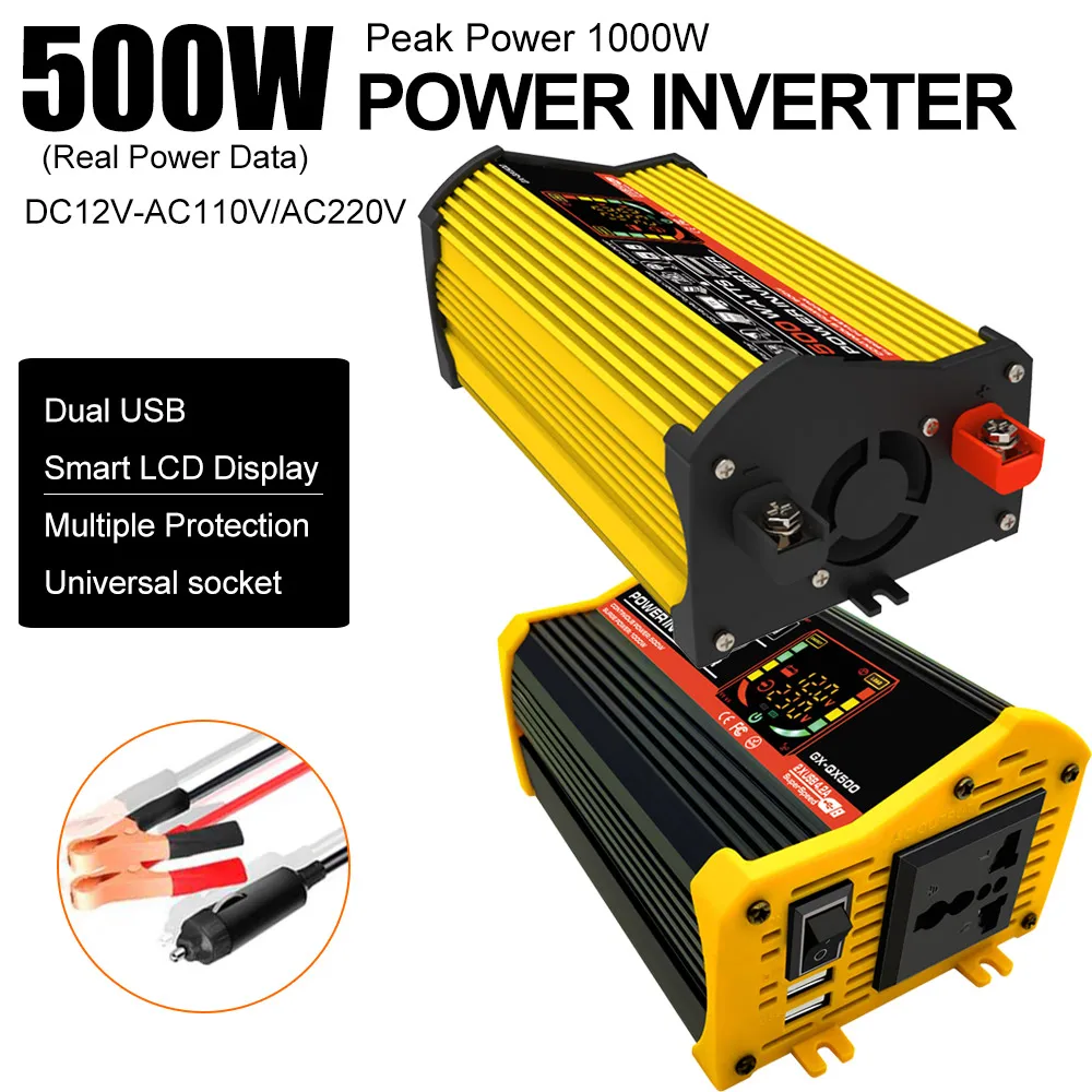 

500W Car Converter Transformer Power Inverter 12V to AC 220V 110V Dual USB LCD Digital Display Screen Universal Socket