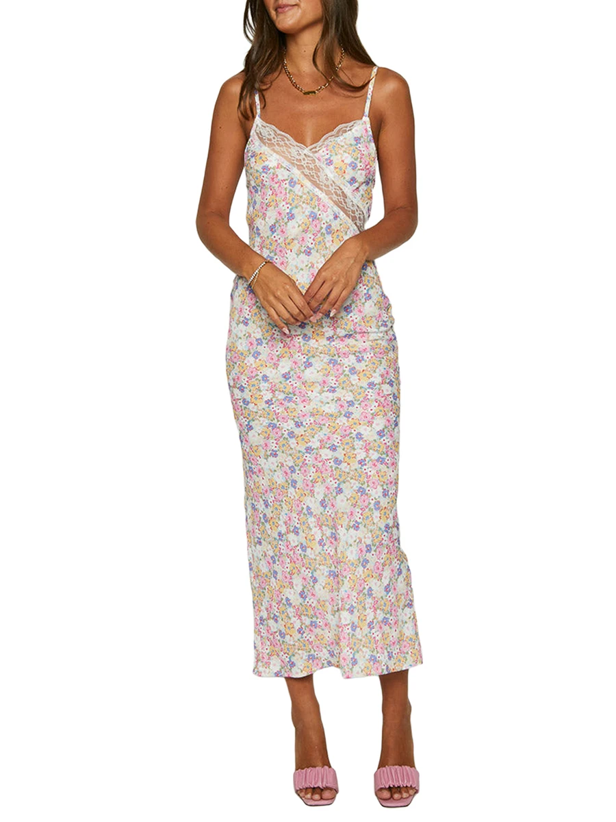 

Womens Maxi Bodycon Floral Dress Sexy Backless Low Cut Cocktail Dresses Spaghetti Strap Corest Midi Dress Prom Dresses