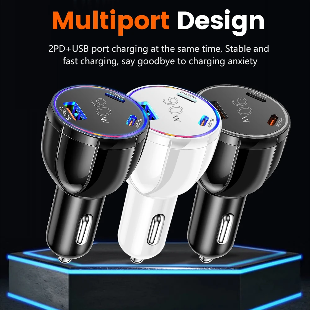 3 Port 90W USB+2PD Car Chargers USB Fast Charging Car Phone Adapter for IPhone Xiaomi Samsung Car Adapter