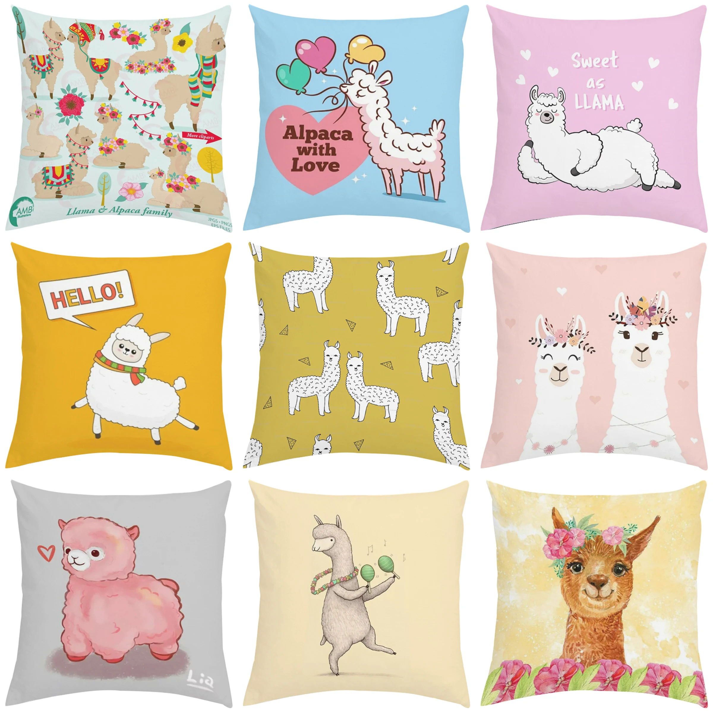 

45x45cm cute cartoon alpaca pillowcase, sofa decoration double-sided printed cushion cover home bed pillowcase short plush