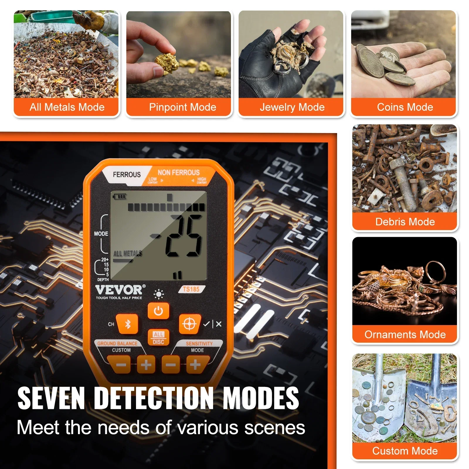 VEVOR Professional Rechargeable Metal Detector 12" IP68 Waterproof Coil 39-50 in Adjustable with LCD 7Modes for Treasure Hunting 5