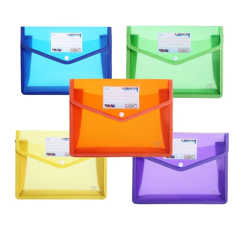 Set di 5 buste portadocumenti trasparenti in PP formato A4 con bottoni, rinforzate e con bordi rifiniti, ideali per archiviare cartelle e documenti._voghion.com