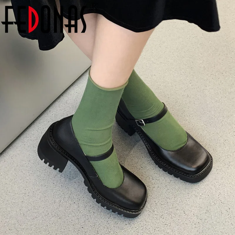 

FEDONAS Thick High Heels Women Pumps Square Toe Spring Summer Genuine Leather Buckle Strap Office Lady Mary Janes Shoes Woman