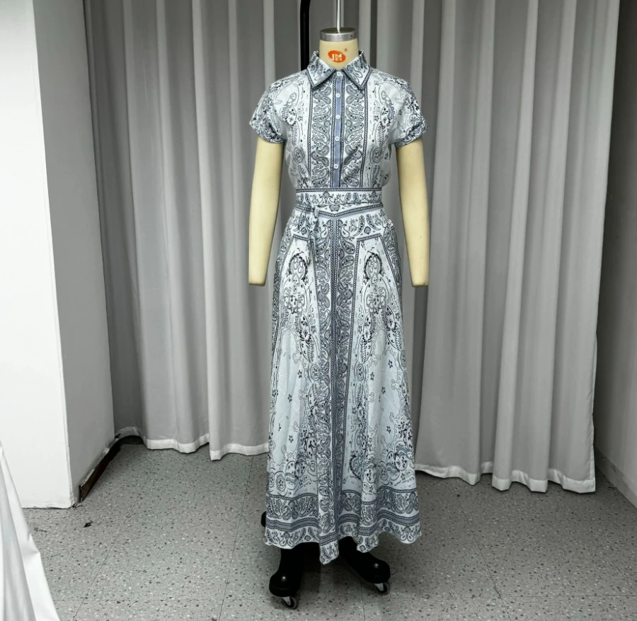 Summer Fashionable Women's New Dress with A Lapel Cashew Flower Print Waist Tie Two Piece Set of Retro Comfortable Dress