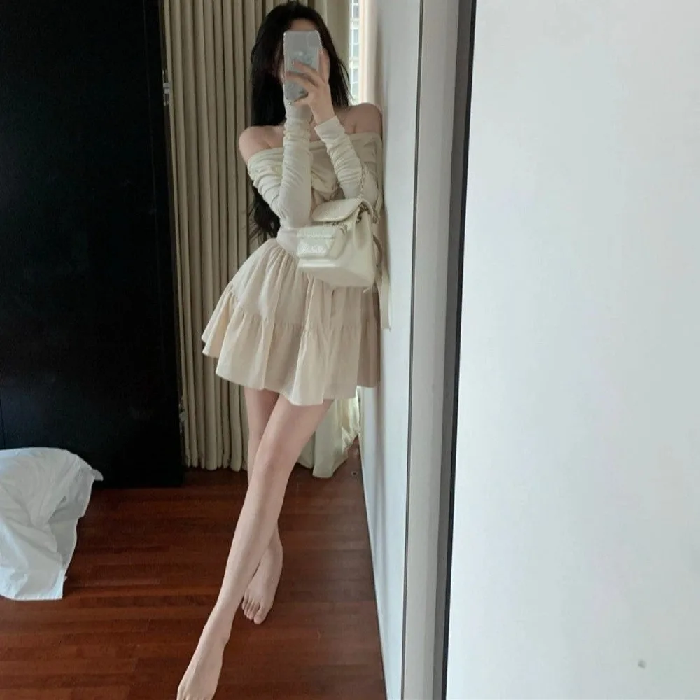 Spicy Girl Long Sleeved Slim Short Skirt Korean Fashion Slim Fit One Collar Dress Lightweight Y2K A-line Short Skirt Travel