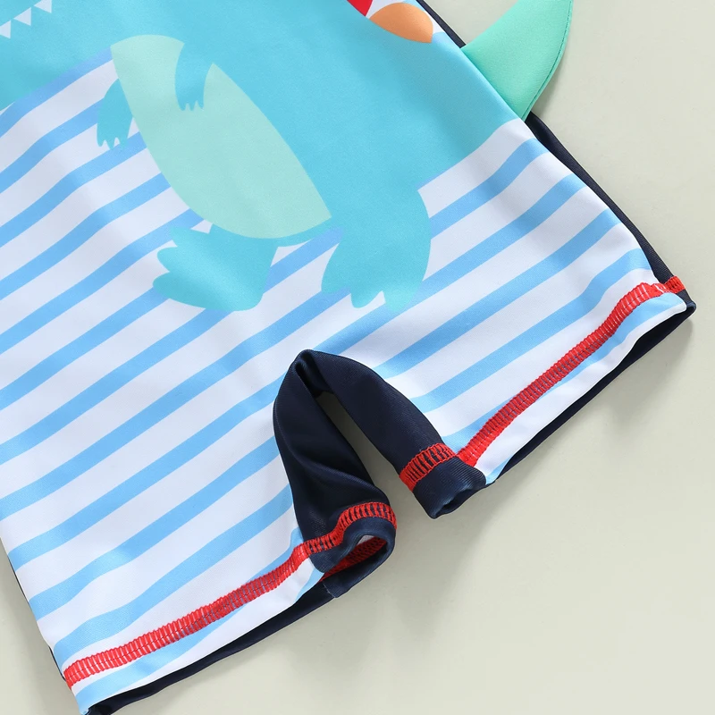 Kid Children Swimsuit 3/4 Sleeves Round Neck Cartoon Dinosaur Stripes Print Summer Beach Girls Boys