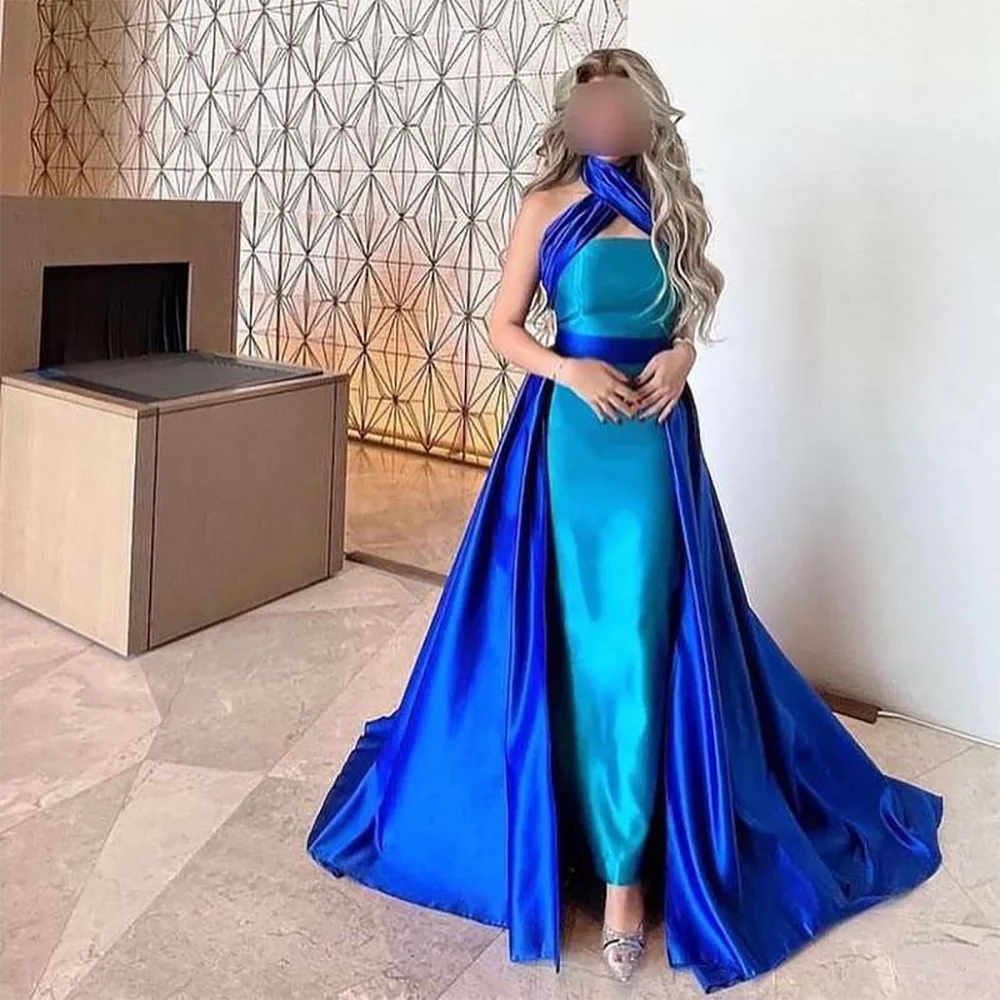 

Sevintage Elegant Saudi Arabic Satin Mermaid Prom Dresses Halter Sleeveless Dubai Women Pleat Ruched Evening Gown Formal Dress