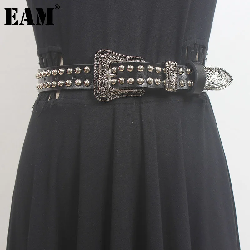 

[EAM] Pu Leather Black Rivet Long Wide Cool Belt Personality Women New Fashion Tide All-match Spring Autumn 2024 1DH2965