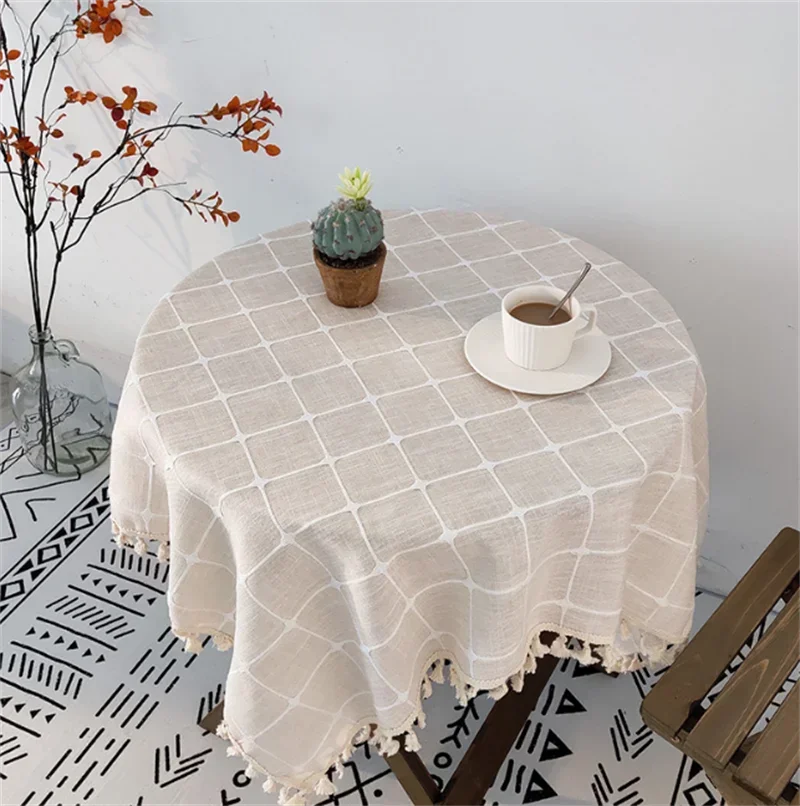 

Checkered Round Tablecloth,Cotton Linen Tassels Dust-Proof Table Cover,For Dinner Party Wedding Decor