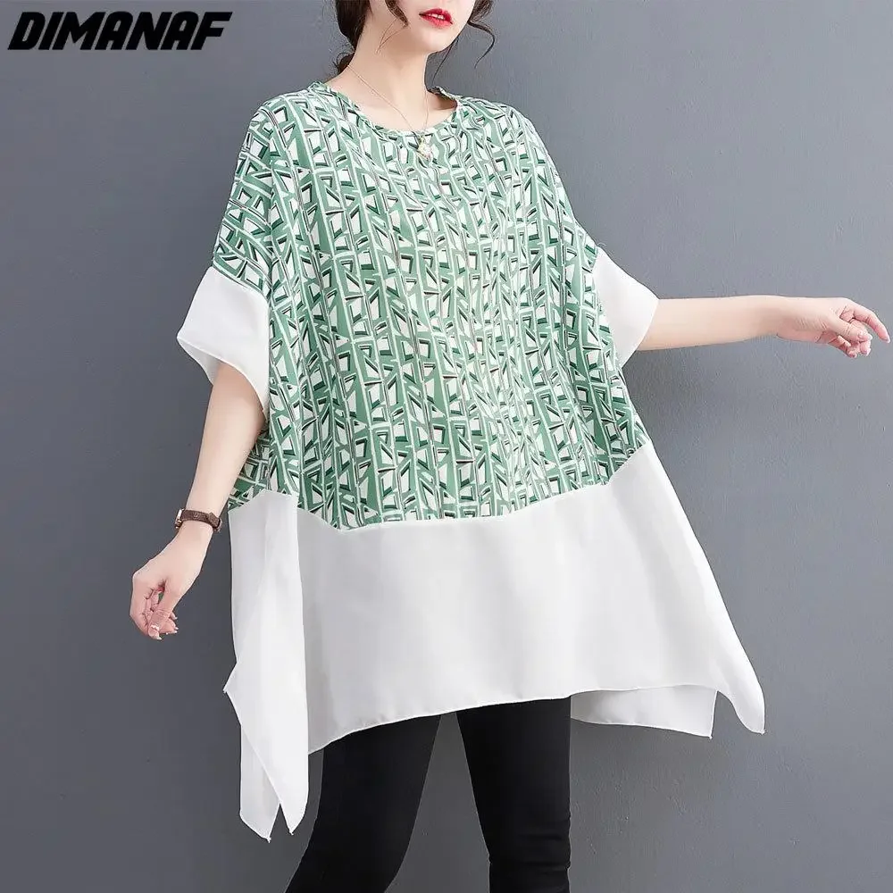 

DIMANAF Plus Size Summer Women Blouse T-Shirts Chiffon Print Lady Tops Tunic Tees Shirt Oversize Loose Casual Clothing Green