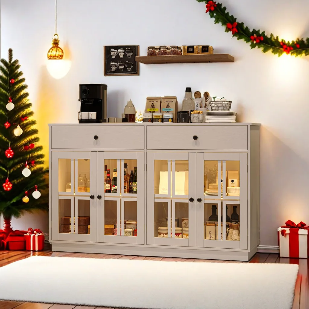 Christmas 53" Buffet Cabinet LED Light Storage Sideboard Cabinet With Spacious Tabletop 2 Sliding Drawers Clear Display Doors