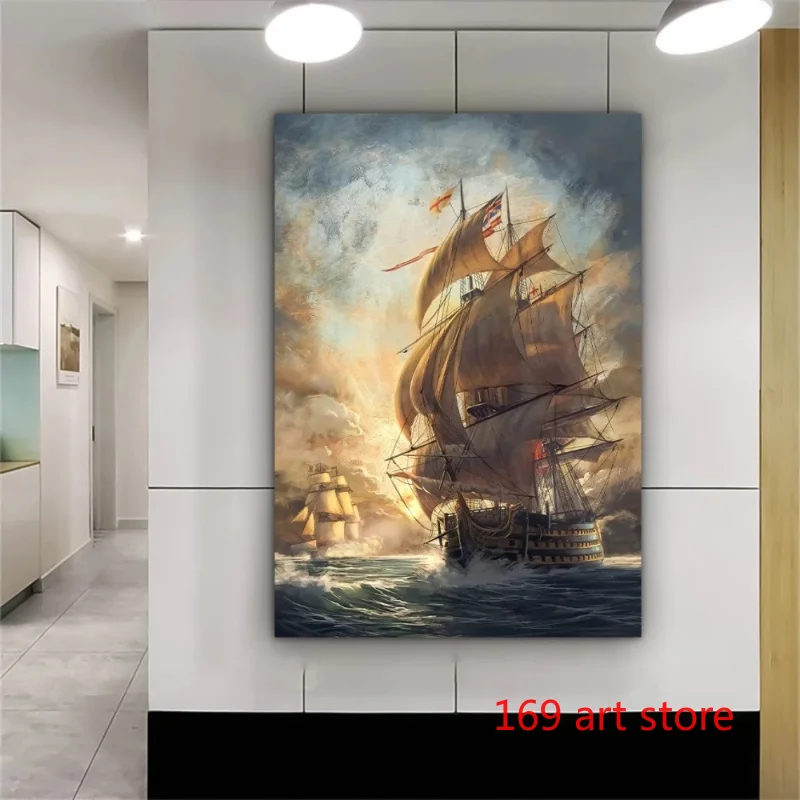 빈티지 바다 풍경 범선 보트 해적선, 초현실적인 예술 풍경 아트 포스터, 캔버스 페인팅, 벽 인쇄 그림, 홈 장식