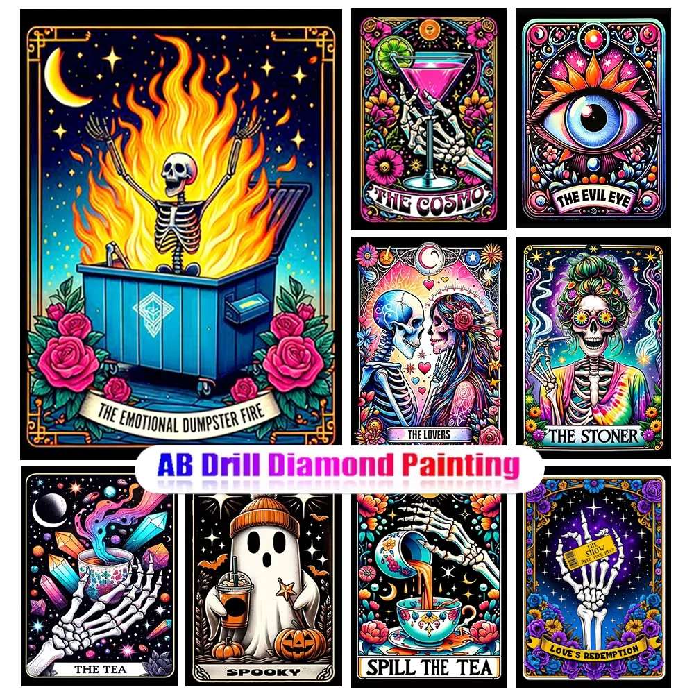 DIY AB Diamond Embroidery Tarot Card Diamond Painting Cartoon Skeleton Cross Stitch Set Tarot Skull  Art Mosaic Decoration Gift