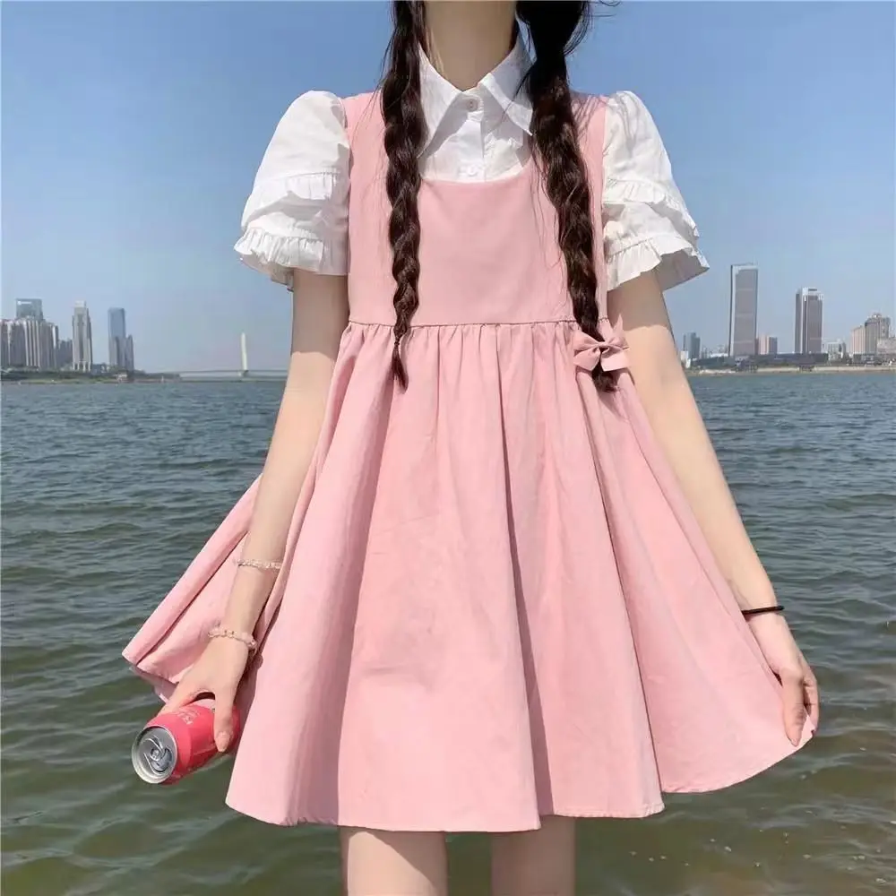 Blouse Dress Kawaii Two Piece Set Academia Aesthetic Women Preppy Style  Vintage Stitching Casual Fashion Spring Autumn Clothes - Dresses -  AliExpress