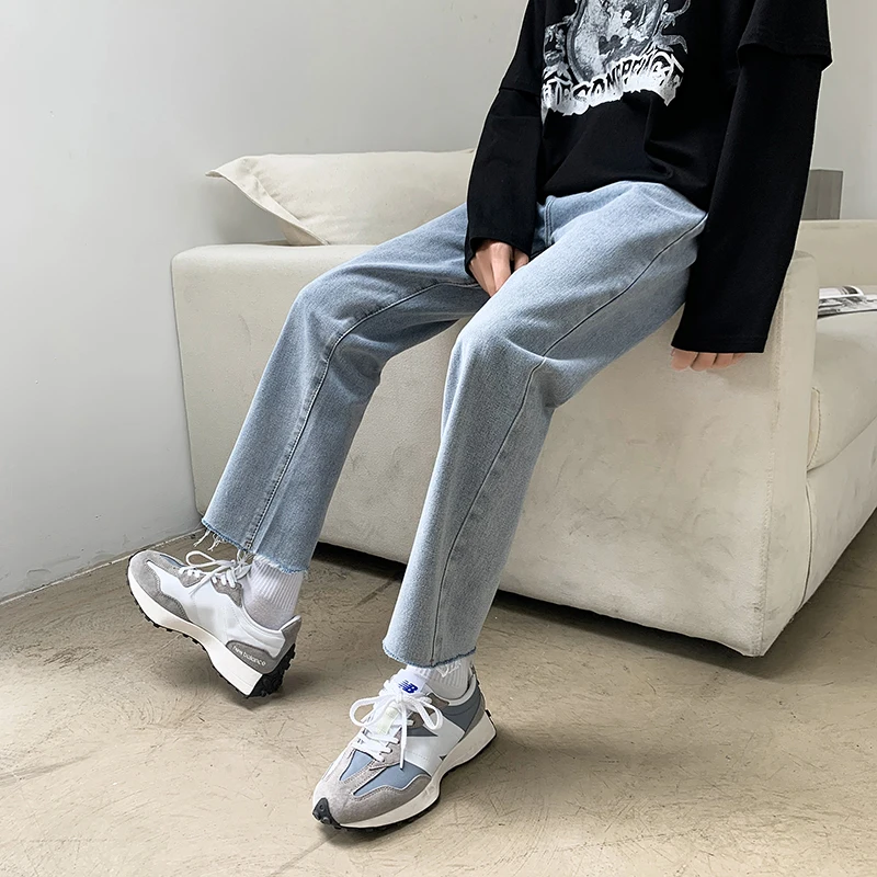 Spring 2022 Men's Light Blue Baggy Straight Jeans Korean Fashion Raw Edge Casual Denim Trousers Ankele-length Pants Male