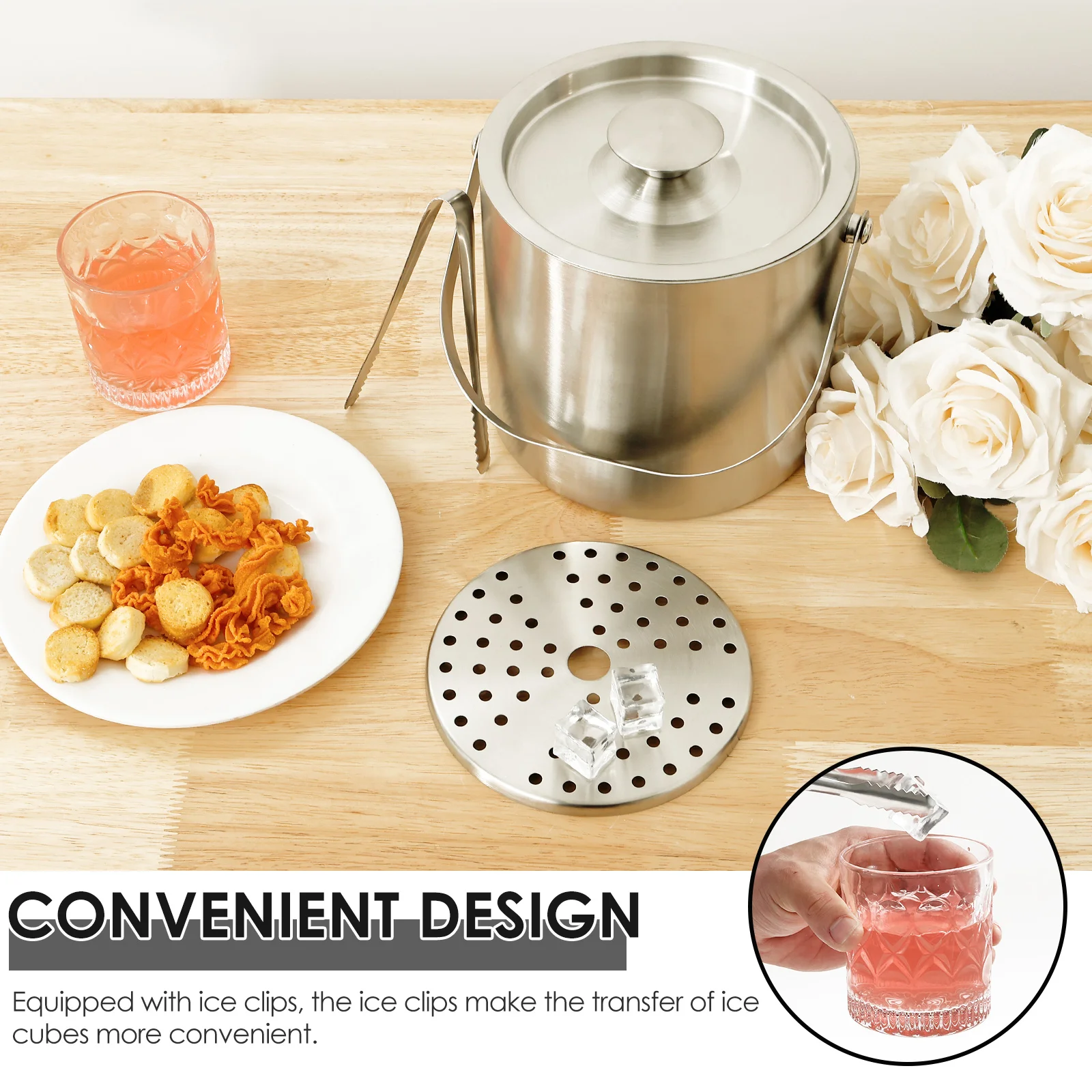 Ice Bucket with Handle 3L Double Wall Insulated Ice Container Bin Stainless Steel Icing Cube Container with Clip Strainer