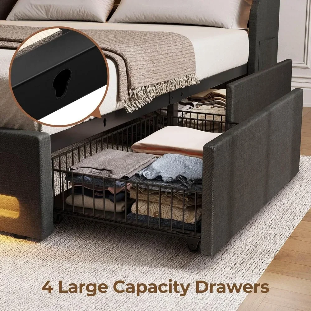 Twin Bed Frame with LED Lights and Charging Station, Upholstered Bed with Drawers, Wooden Slats, Noise Free, Easy Assembly 5