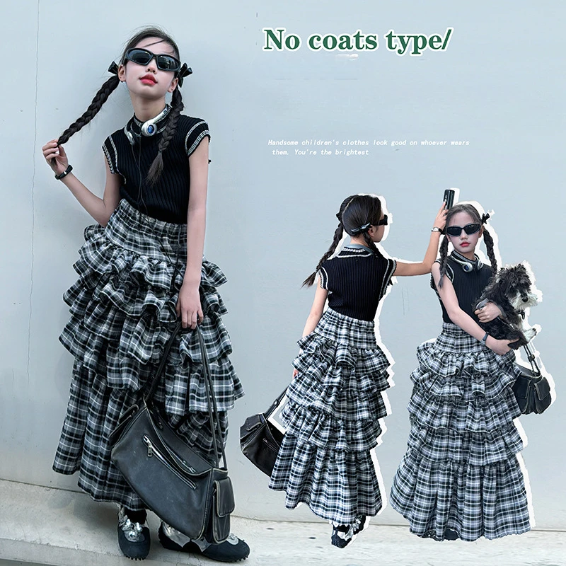 

Big Girl Korean Casual Skirt Set 2024 Summer New Retro American Plaid Puffy Cake Skirt Two Piece Set