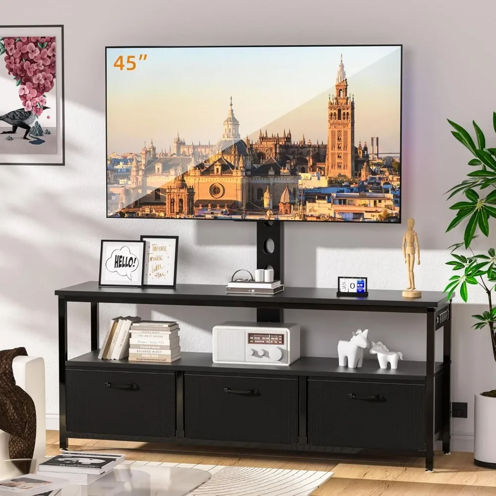 New2025-TV Stand with Mount and Power Outlet, Swivel TV Stands Mount with LED Lights for 32/45/55/60/65 inch TVs, Tall Entertain