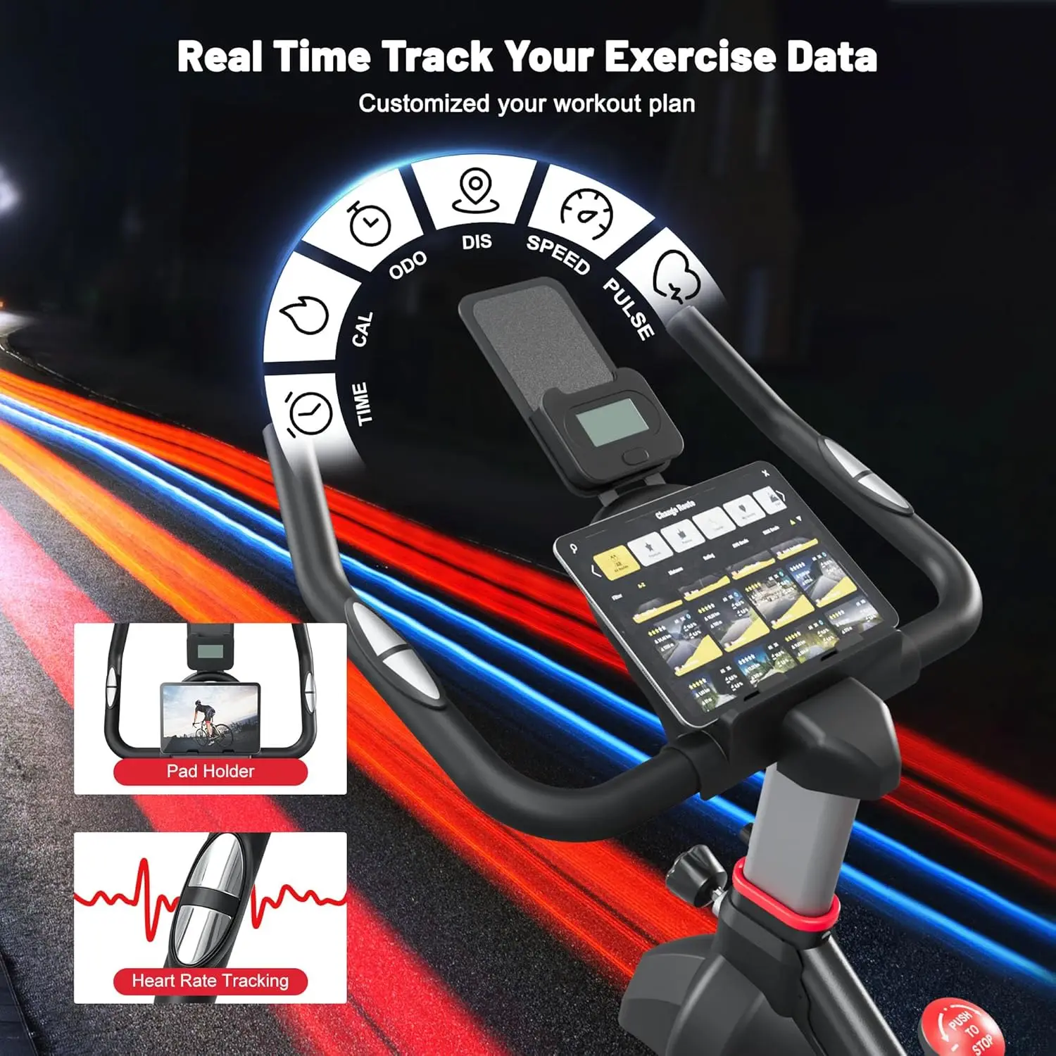 Exercise Bike Indoor Stationary Bike with Comfortable Seat Cushion, Monitor with Pulse & Ipad Mount for Home Cardio Gym