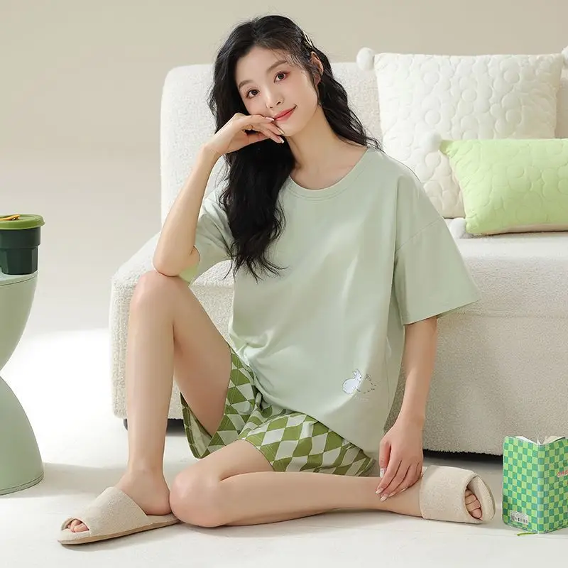 Summer New Women With Chest Pad Thin Cotton Cartoon Pajamas Sets Casual Comfort Solid Shorts Short Sleeve Home Clothes