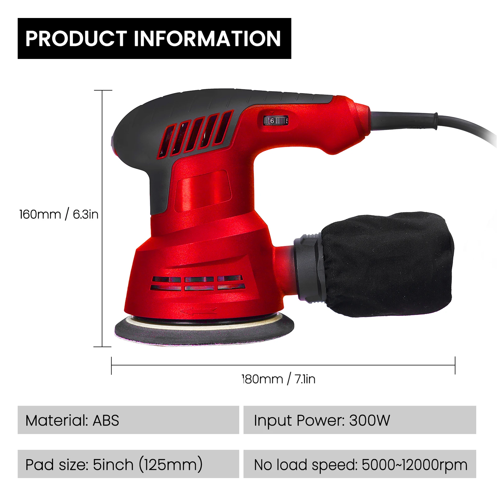 300W Handheld Electric Eccentric Sander 5 Inch 125mm Sanding Plate Electric Sander Wood Processing Furniture Car Polishing