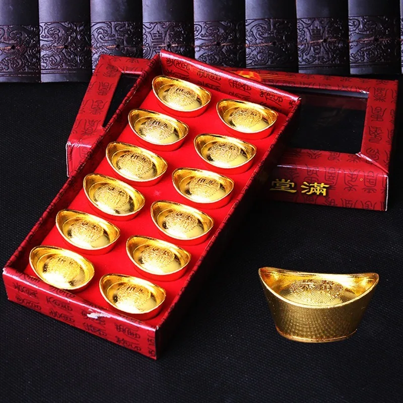 

12 Pieces Mascot Metal Crafts Feng Shui Auspicious Lucky Money Gold Ingot To Fake Something Antique Acer Home Decor