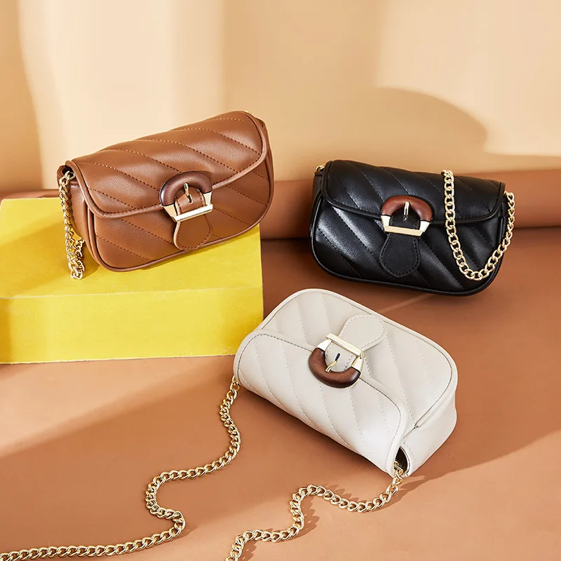 Niche Luxury Women's Bag Split Leather Messenger Bags Versatile Thread Pattern Metal Chain Shoulder Crossbody Bags 1755